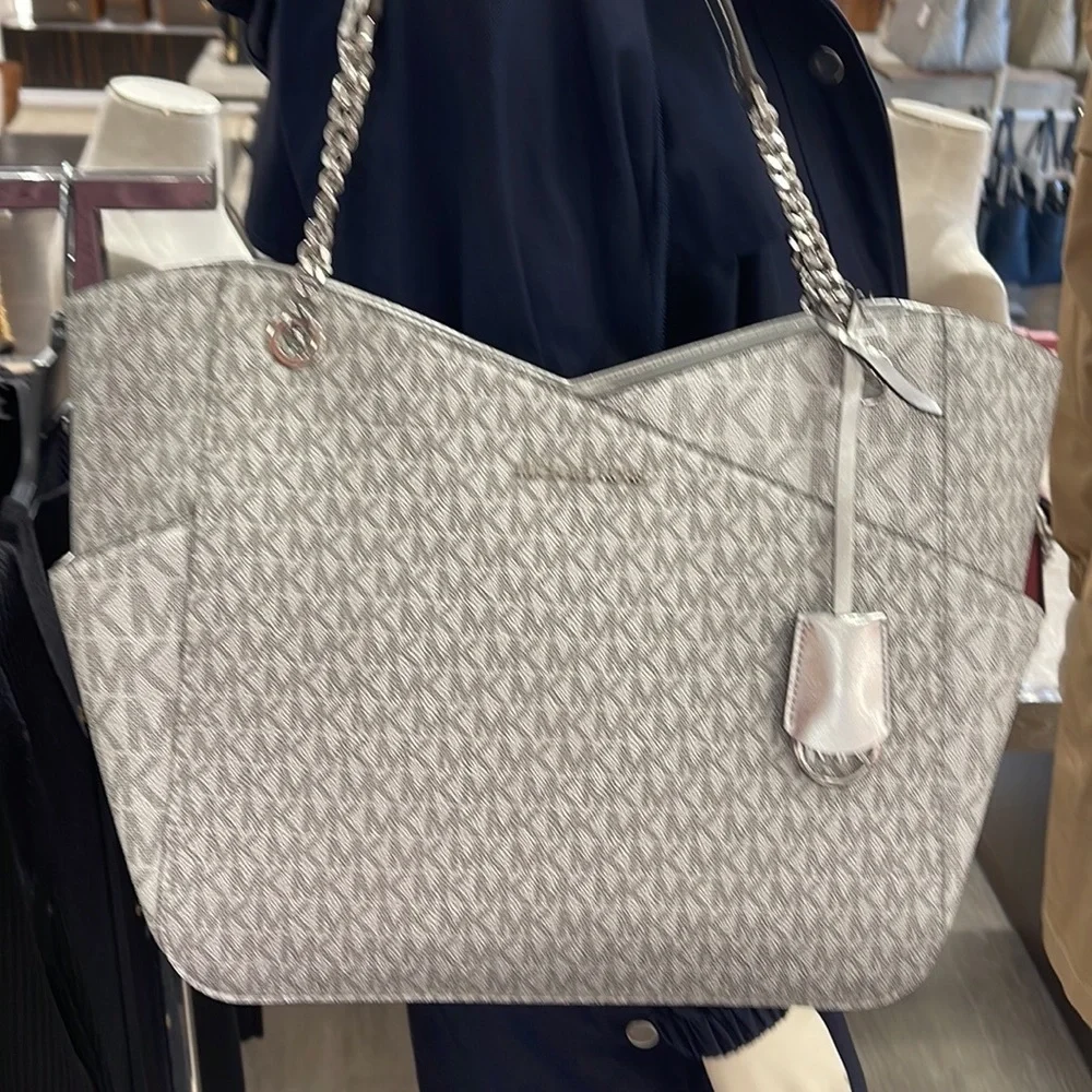 Michael Kors Jet Set Travel Large Chained Tote Shoulder Bag MK Silver